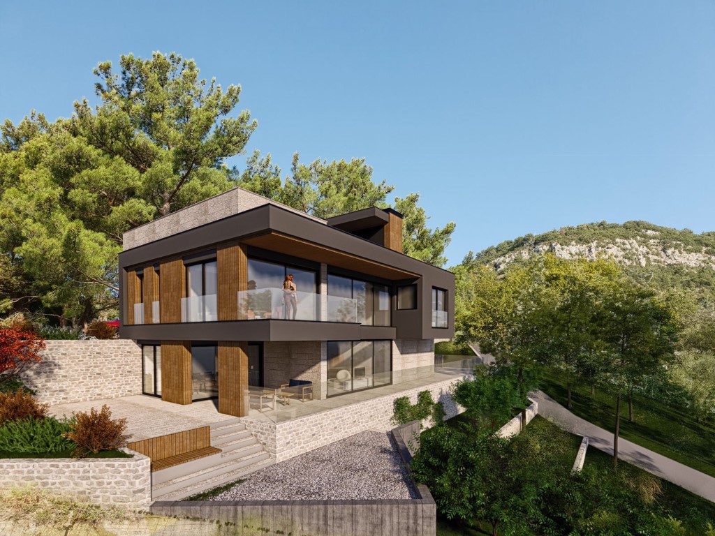 A contemporary family villa with a swimming pool and a panoramic view of the Tivat Bay